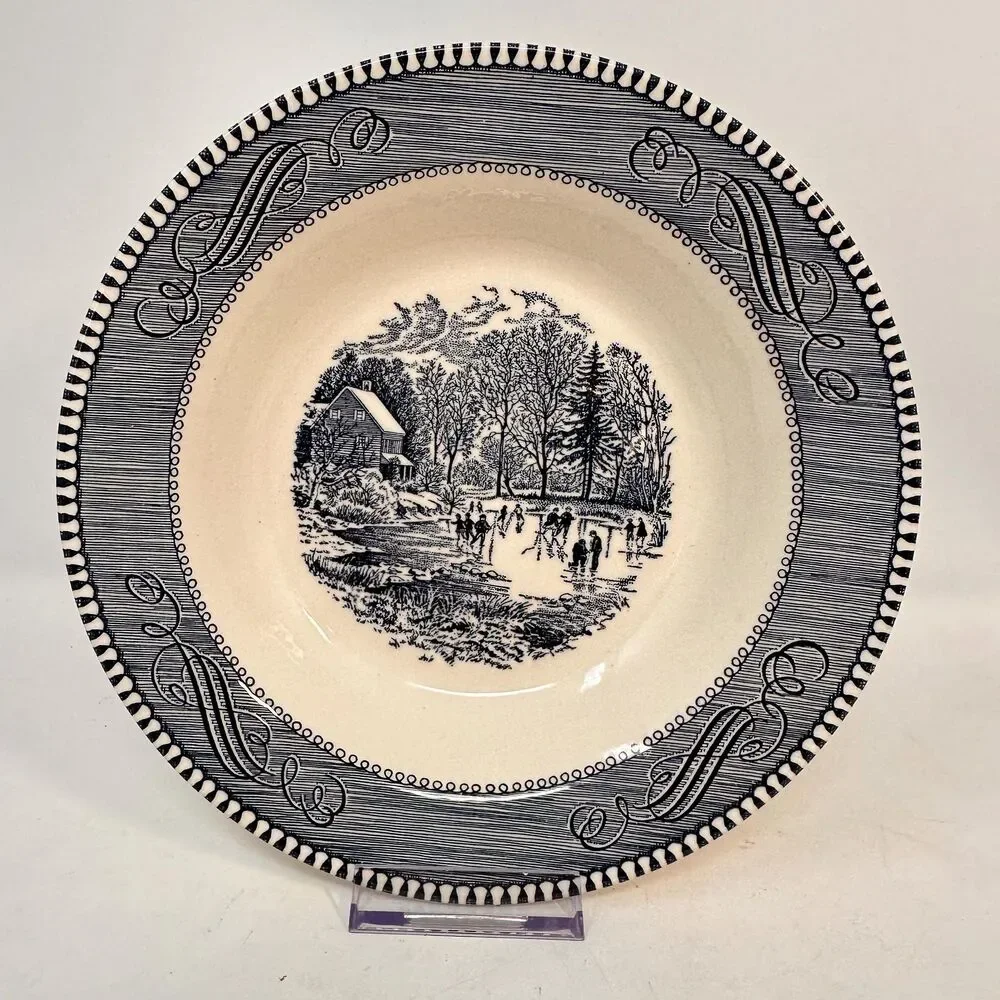 Vintage Royal China Currier and Ives Blue Transferware 5 Piece Dinnerware Set
